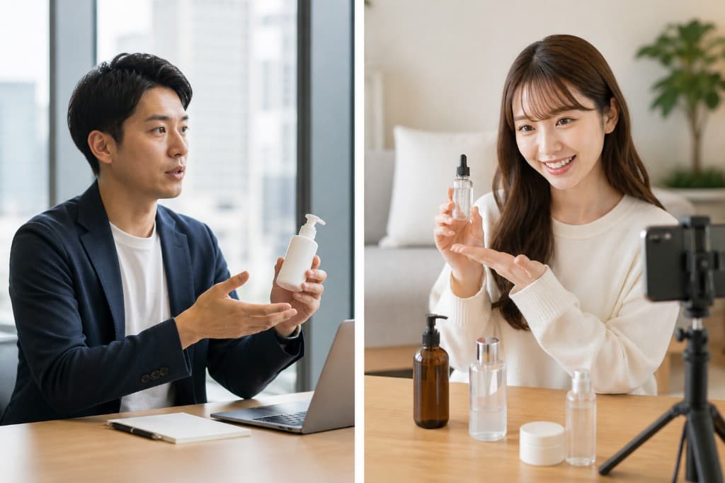打ち合わせとライブ配信で商品を紹介する様子